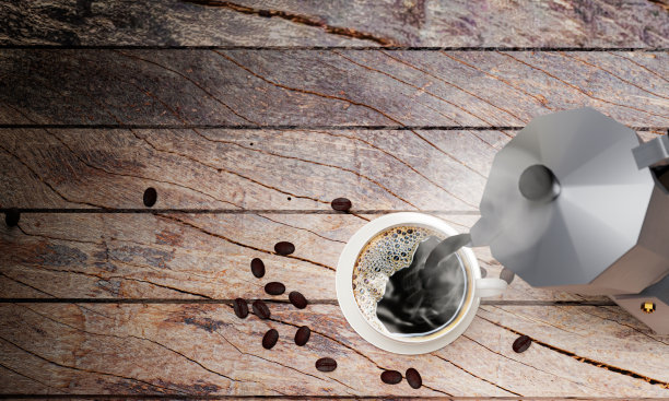 将新鲜煮好的咖啡或浓咖啡从摩卡壶倒入一个白咖啡杯。将热咖啡放入杯中，放在桌面上或木制阳台上。咖啡种子落在木头表面。三维渲染图片下载