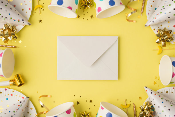 头顶上的照片，杯子、饮料、苏打水、蝴蝶结、生日帽、蜡烛、五彩纸屑、哨子盘和灰色信封、邀请卡孤立在黄色背景上图片下载