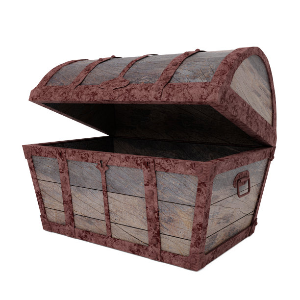 破旧的海盗宝藏箱。烂和破碎。用于贵重物品的储存由裂木和锈迹斑斑的金属纹理制成隔离在白色背景和壁纸上。3 d渲染。图片下载