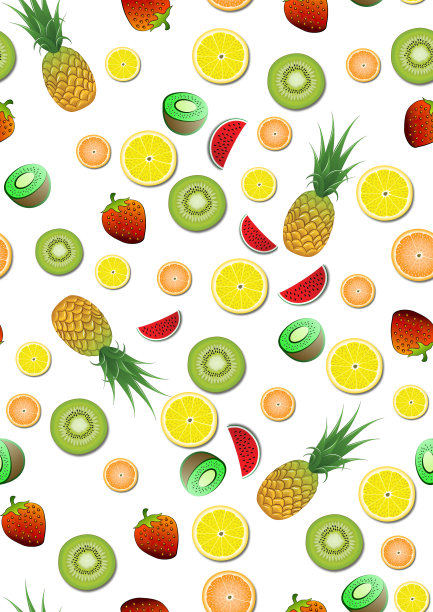 无缝新鲜模式与水果，菠萝，西瓜，柠檬，橙子，猕猴桃和草莓在白色的背景。非常适合包装纸、窗帘、桌布、床单等图片下载