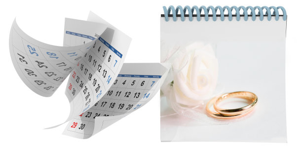 现在结婚日今天日历戒指玫瑰飞月页面孤立的背景- 3d渲染图片下载