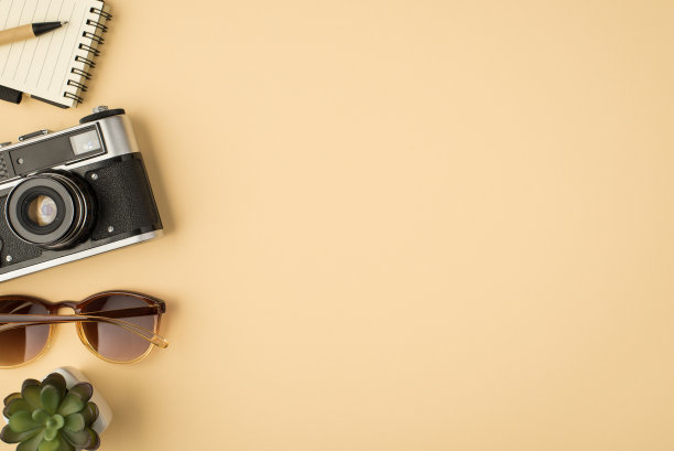 俯视图照片的copybook相机太阳镜和花盆孤立的米色背景与copyspace图片下载