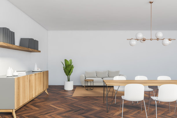 豪华客厅的室内设计，时尚的马桶，桌子，沙发和家具。白色的墙壁和书架。现代家居装饰。图片下载