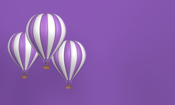 三个紫色的热气球，紫色背景上有白色条纹。3 d渲染。图片下载