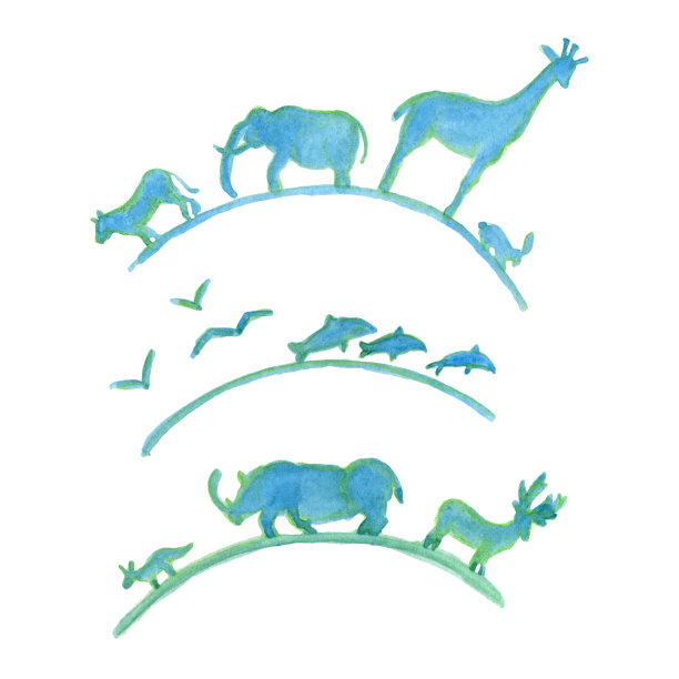 地球日水彩剪辑艺术。地球是蓝色的，绿色的，地球上的动物。一种热带动物的剪影，鱼。图片下载