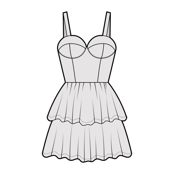 胸衣技术时尚插图与肩带，合身的身体，2排迷你长褶层裙图片下载