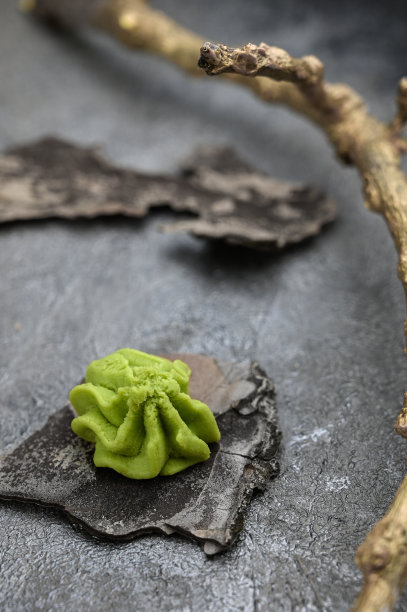 带有芥末的静物画，这是一种日本食物调料，背景是灰色的乡村。垂直照片与选择性焦点和装饰。图片下载