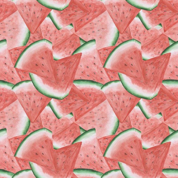 西瓜无缝模式。水彩西瓜片。水果无休止的打印。手绘多汁西瓜重复背景。夏天的织物插图。西瓜壁纸。图片下载