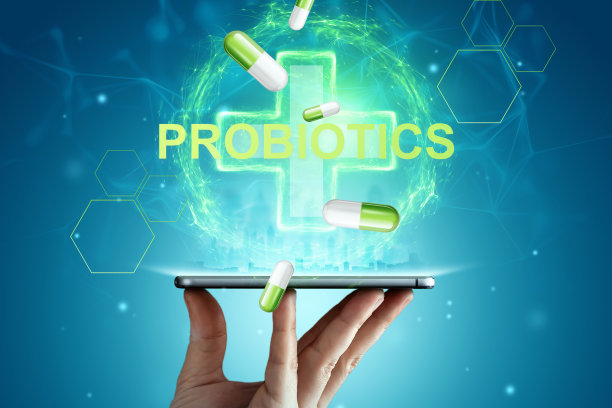 医疗十字全息图和铭文益生菌。饮食的概念，肠道菌群，微生物，健康消化。图片下载