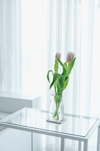 花瓶里的粉红色郁金香。清晨阳光下的一束鲜花。舒适的家庭设计和极简主义。现代室内客厅或卧室，垂直、封闭、自由的空间图片下载