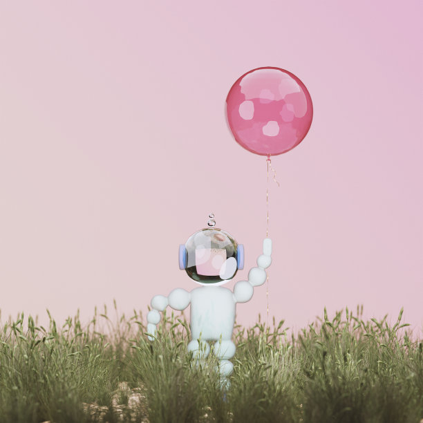 3D渲染，3D渲染。卡通宇航员与红色气球。图片下载