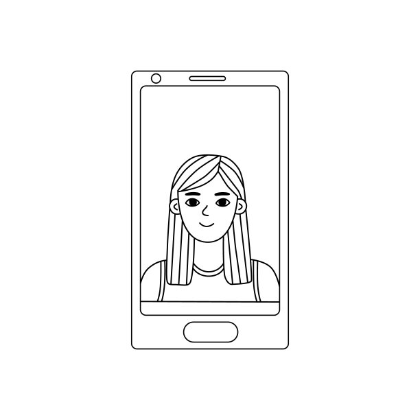 电话屏幕上的女孩。简单的黑色轮廓上的白色。插图与一个年轻女子视频通话，网上聊天。手绘矢量插图在涂鸦风格。图片下载