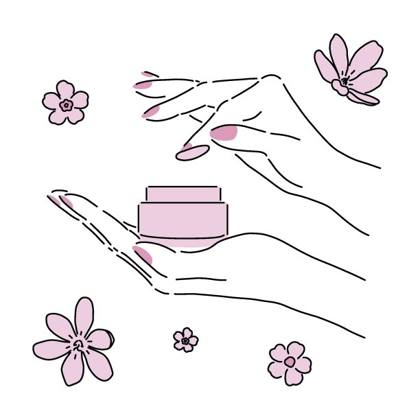一名女子手拿奶油瓶，背景上有粉红色的花朵。奶油应用。审美艺术线条。图片下载