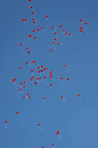 红色的气球迎着蓝色的天空飞翔图片下载
