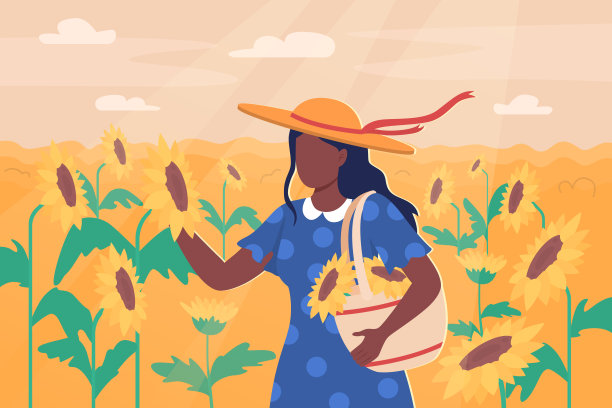 欣赏向日葵户外平面颜色矢量插图图片下载