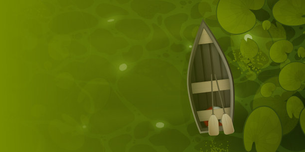 一艘木船漂过荷叶沼泽，俯视图。背景的夏季海报与文字的地方。向量。图片下载