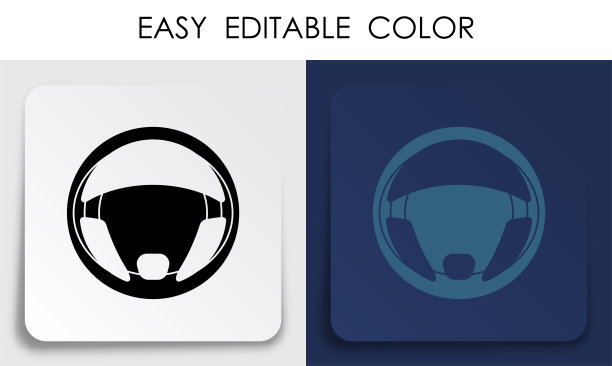 方向盘图标汽车车轮上的纸正方形贴纸与阴影。汽车转向和平衡维修中心。手机应用程序按钮。向量图片下载