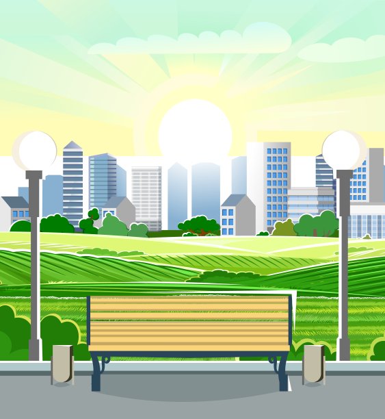 以城市为背景的长椅。郊区的村庄。乡村山丘，菜园和草地。美丽的夏天的风景。一个休息的地方。公园面积。美丽的图片。广场组成。向量图片下载