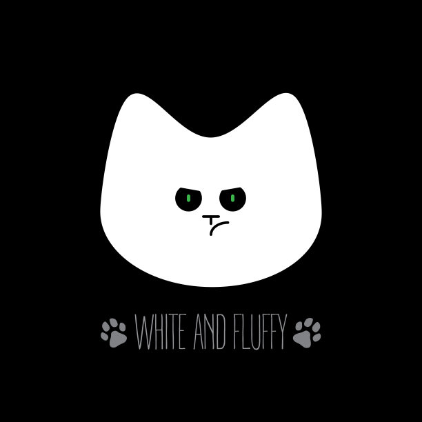 白色毛茸茸的猫，绿眼睛。小猫一脸不满。矢量插图t恤印花与猫脚印。图片下载