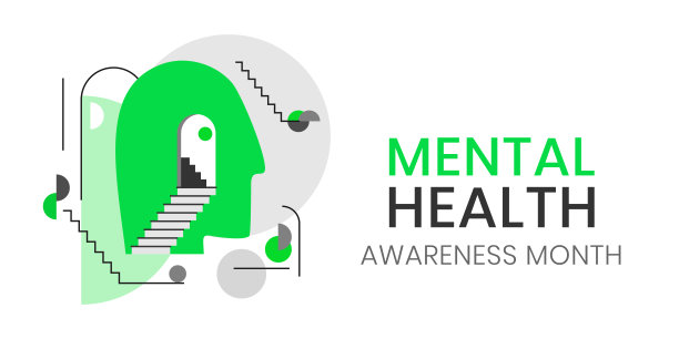 心理健康意识月横幅模板，每年五月庆祝。心理保健设计采用现代抽象人体头部配建筑楼梯。心理治疗的概念图片下载