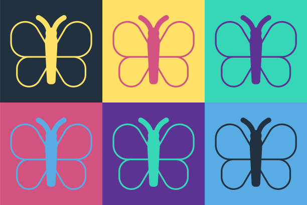 波普艺术蝴蝶图标孤立的颜色背景。向量图片下载