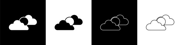 设置太阳和云天气图标孤立的黑色和白色背景。向量图片下载