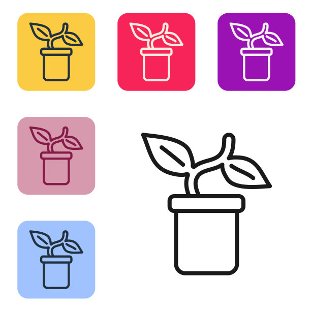 黑线植物在盆图标孤立在白色背景。盆栽植物。盆栽植物标志。设置图标的颜色方形按钮。向量图片下载