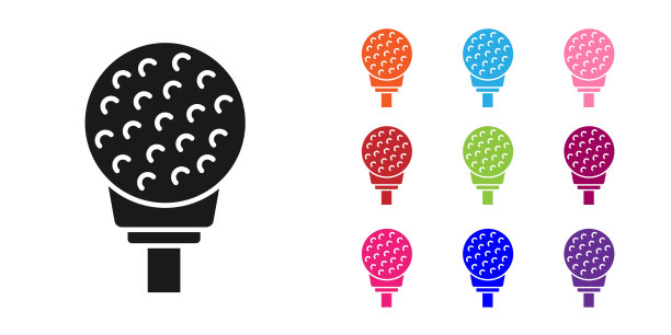 球座图标上的黑色高尔夫球孤立在白色背景上。设置图标丰富多彩。向量图片下载