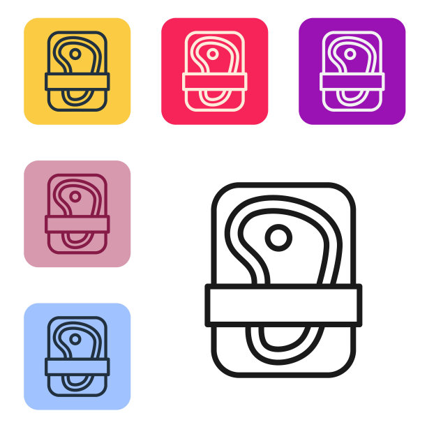 黑线肉类包装牛排图标孤立在白色背景。塑料包装的新鲜牛肉。有机产品。设置图标的颜色方形按钮。向量图片下载