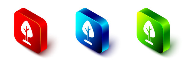 等距树图标孤立在白色背景。森林的象征。红色，蓝色和绿色的方形按钮。向量图片下载