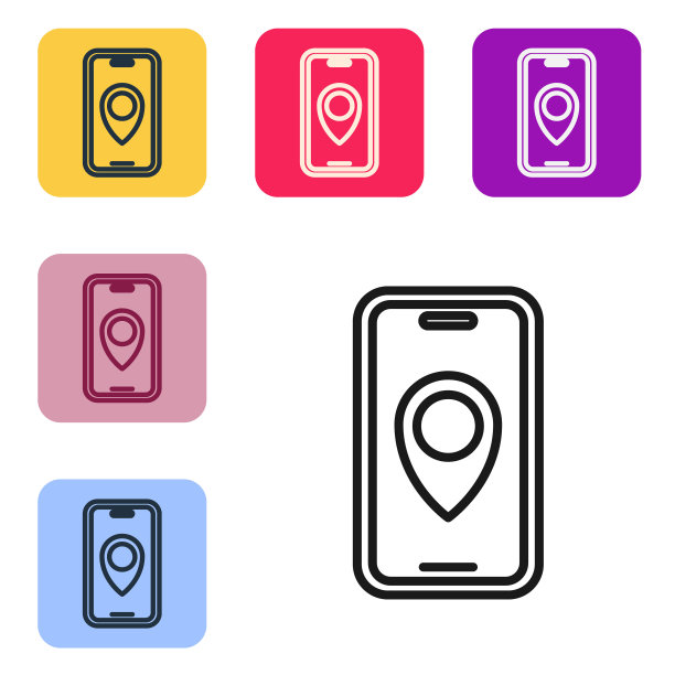 黑线信息图的城市地图导航图标孤立在白色背景。手机应用界面概念设计。Geolacation概念。设置图标的颜色方形按钮。向量图片下载