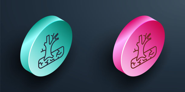 等距线枯树图标孤立在黑色背景。光秃秃的树。死树的轮廓。绿松石和粉红色的圆形按钮。向量图片下载