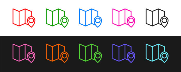 设置线折叠地图与位置标记图标隔离在黑色和白色的背景。向量图片下载