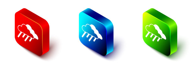 等距云与雨图标孤立在白色背景。雨云与雨滴一起沉淀。红色，蓝色和绿色的方形按钮。向量图片下载