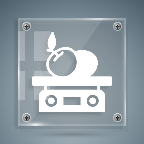 白色电子天平产品图标孤立在灰色背景。体重的食物。商店或超市的称重过程。方形玻璃面板。向量图片下载