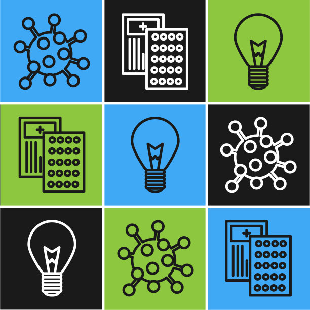 设定线细菌，灯泡的概念想法和丸在吸塑包装图标。向量图片下载