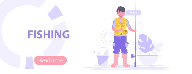 钓鱼概念渔夫用鱼竿鱼矢量模板为网页横幅。图片下载