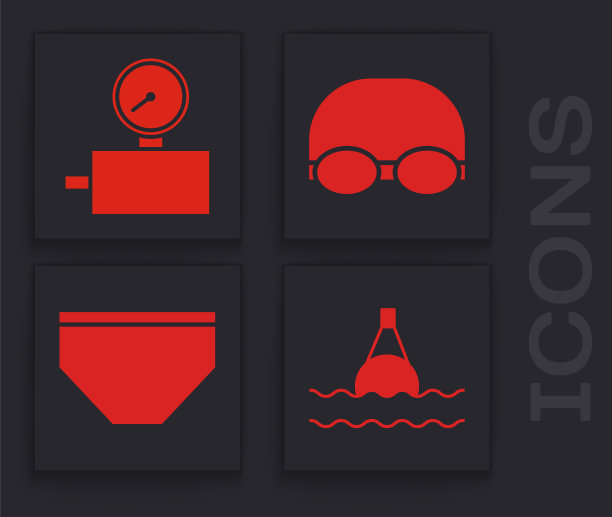 设置海上浮筒，标尺，游泳眼镜和泳帽，泳裤图标。向量图片下载