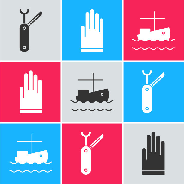 设置瑞士军刀，手套和渔船上的水图标。向量图片下载