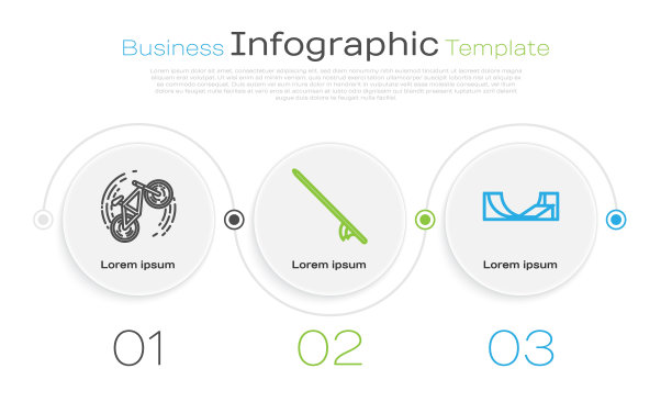 设定线自行车把戏，冲浪板和滑板公园。业务信息模板。向量图片下载