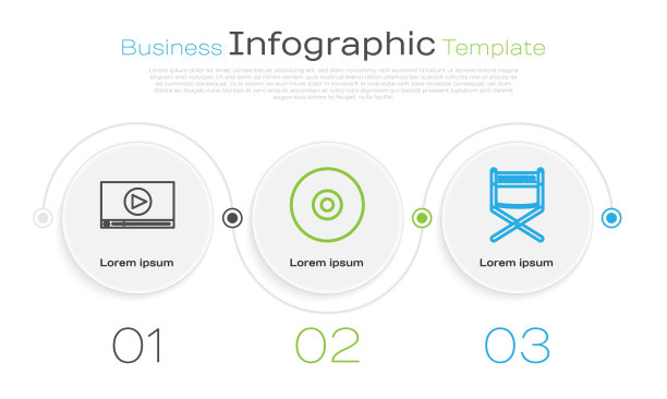 设置线在线播放视频，CD或DVD光盘和导演电影椅。业务信息图模板。向量图片下载