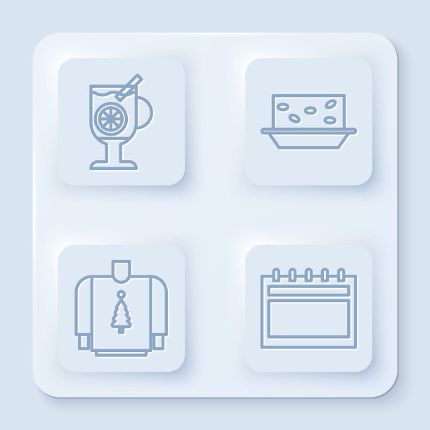 热红酒、牛轧糖、圣诞毛衣和日历等矢量图标。图片下载