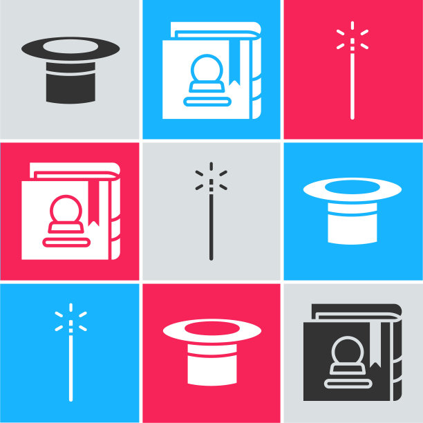 设置魔术师的帽子，古老的魔术书和魔术棒图标。向量图片下载