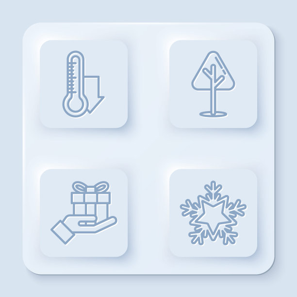 设气象测温仪、圣诞树、手捧礼盒及雪花。白色正方形按钮。向量图片下载