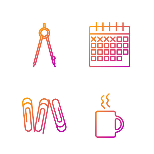 咖啡杯，回形针，指南针和日历。渐变颜色图标。向量图片下载