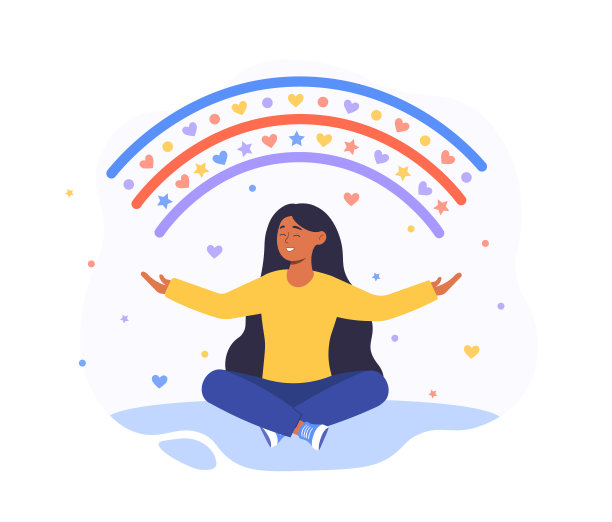 快乐的女人坐在莲花的姿势和张开她的双臂图片下载