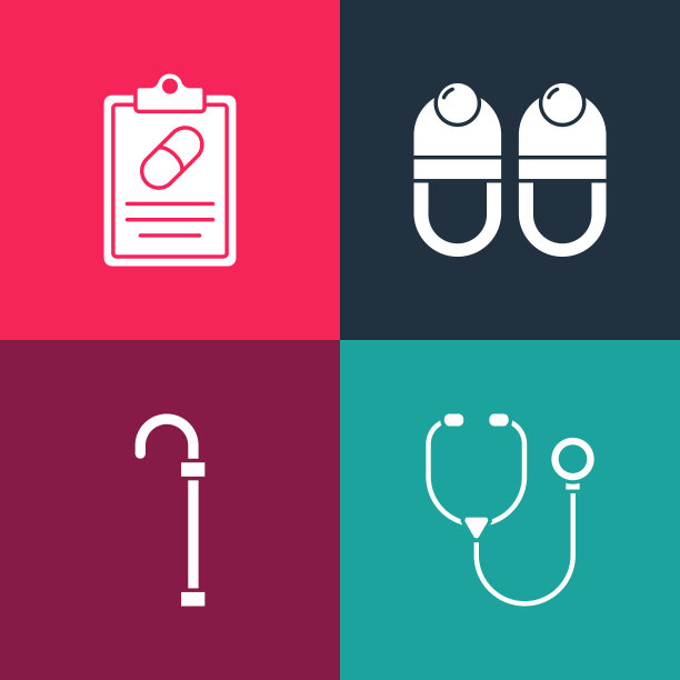 设置流行艺术听诊器，手杖，拖鞋和医疗处方图标。向量图片下载