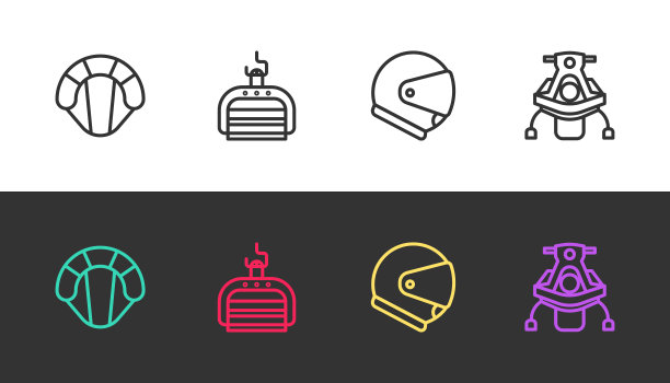 设置绳索降落伞，滑雪缆车，头盔和雪地摩托在黑色和白色。向量图片下载