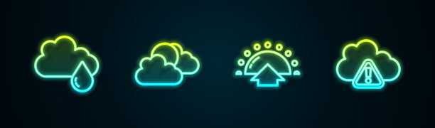 设置线云与雨，太阳和云天气，日出和风暴警告。发光的霓虹灯图标。向量图片下载