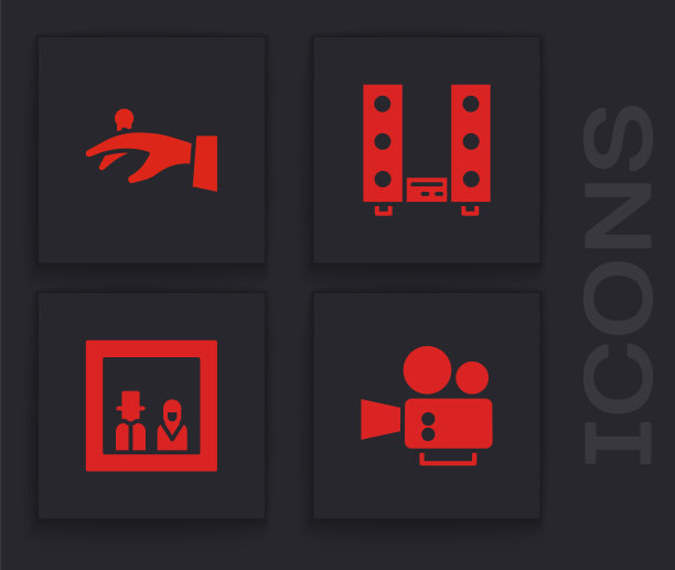 设置电影院相机，结婚戒指在手，家庭音响与两个扬声器和家庭照片图标。向量图片下载